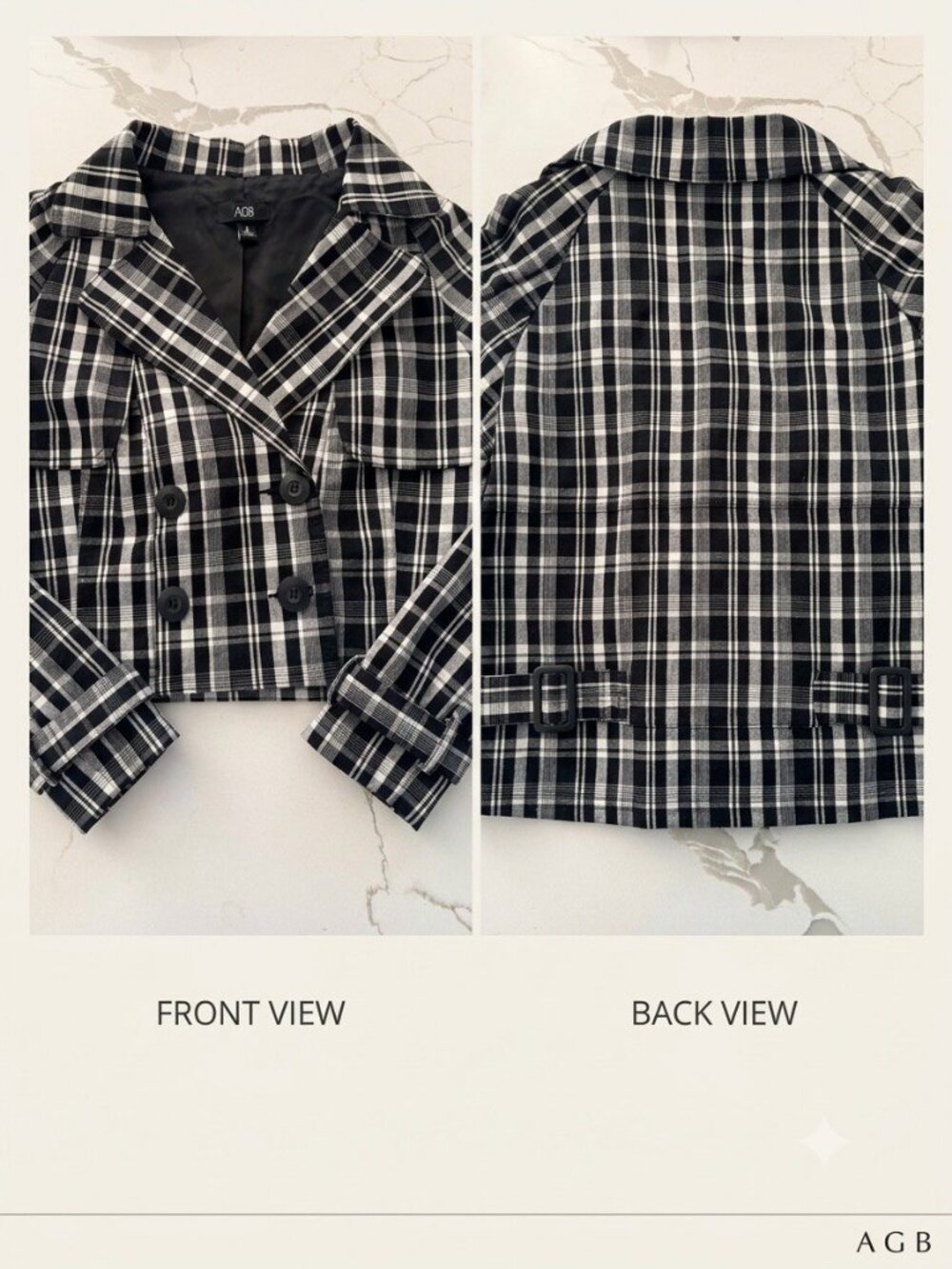 AGB Cropped Plaid Double Breasted Jacket Size 4/S Black White Lined